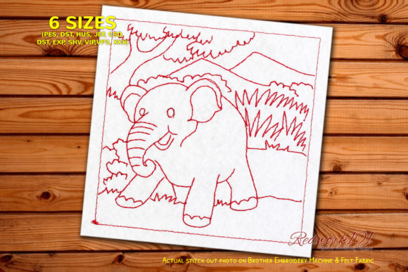 Baby Elephant in Jungle Redwork