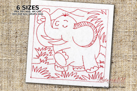 Happy Baby Elephant in Forest Redwork