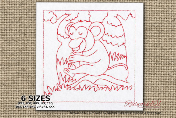 Monkey Sitting on Tree Branch Redwork